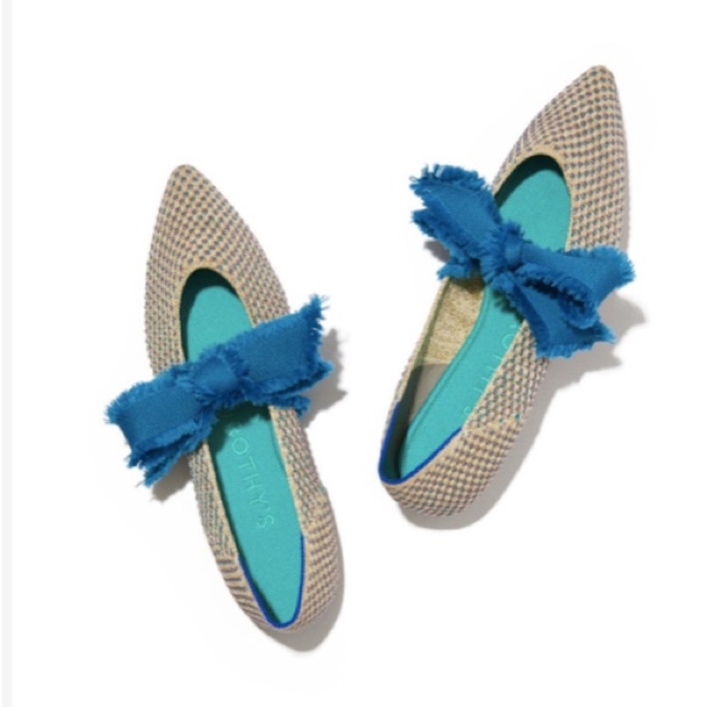 RARE Rothy's Metallic Mary Jane Point Flats with Blue Bow - LIMITED EDITION